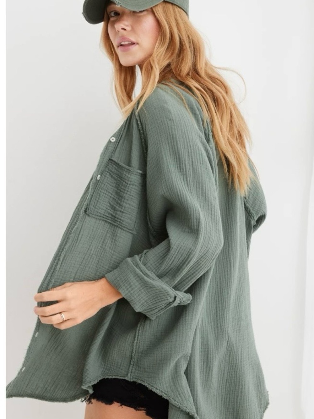 Aerie Gauzy Cover Up Top Swim Beach Button Up Size M Green Oversized Fringe